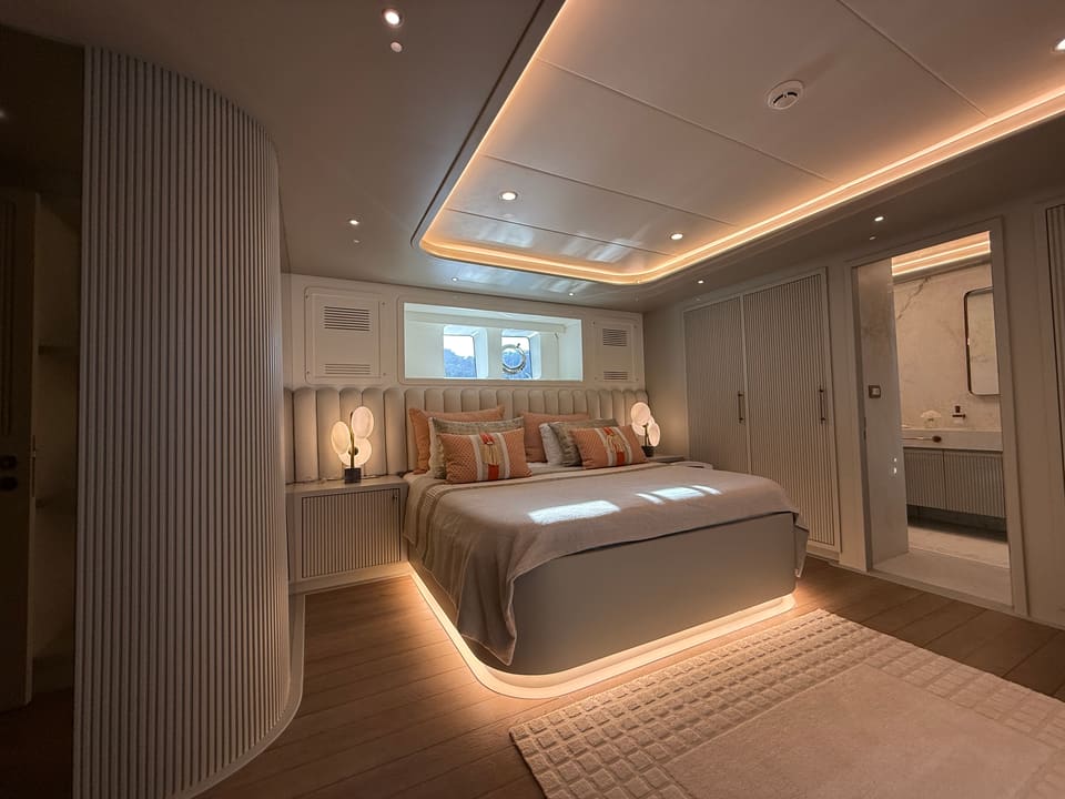 2023 Custom Laminated Motorsailer 41M – master cabin with double bed, ambient lighting, fluted panels and en-suite bathroom