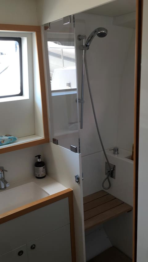 2012 Lagoon 560 – cam paravanlı duş, tik oturak, el duşu ve lavabolu dolap bulunan banyo