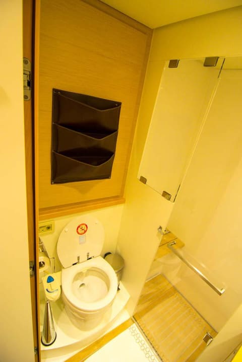 2012 Lagoon 560 – deniz tipi tuvalet, duvar düzenleyicisi ve tik ızgaralı, cam kapılı ayrı duşa sahip kompakt banyo