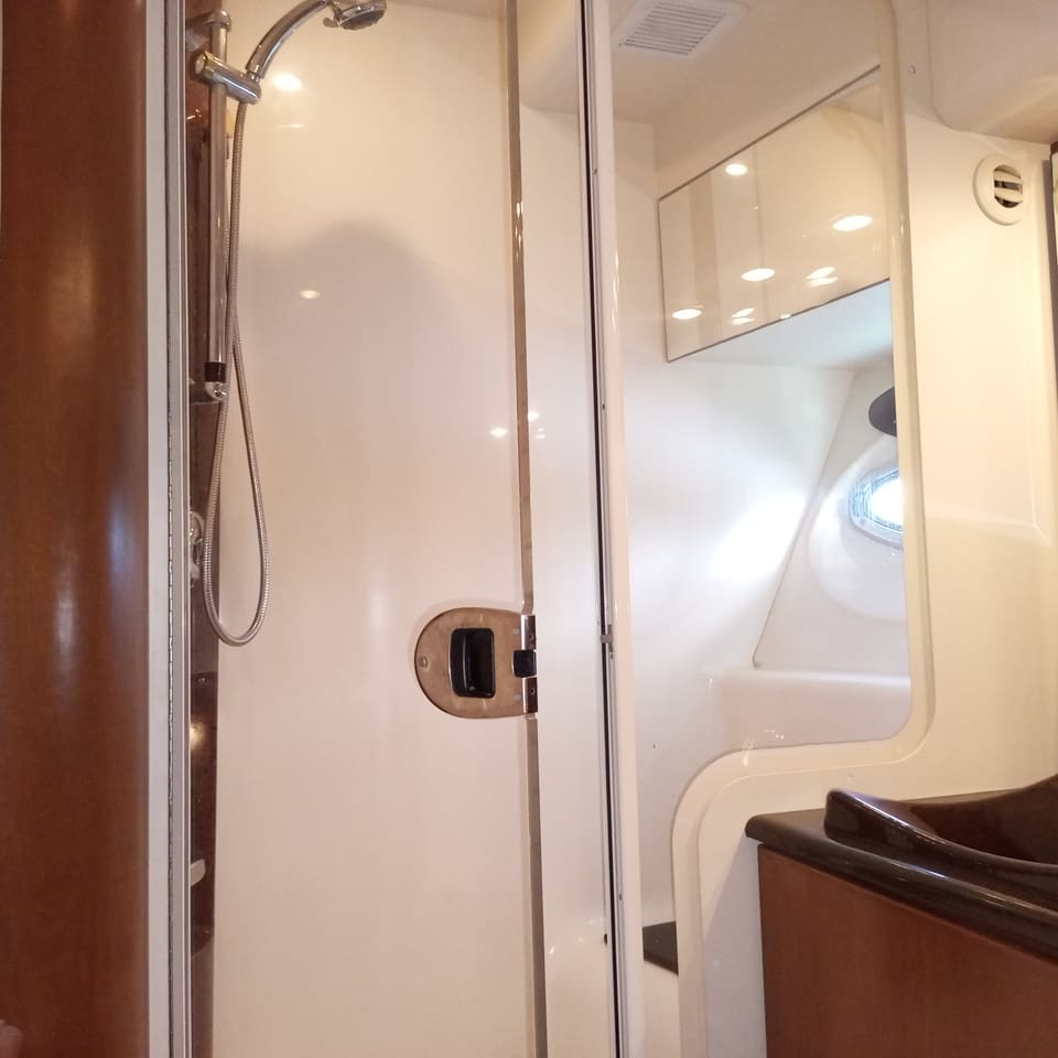 2009 Silverton 52 Ovation – cam kapılı duş kabini, el duşu, lavabo dolabı ve lomboz bulunan banyo