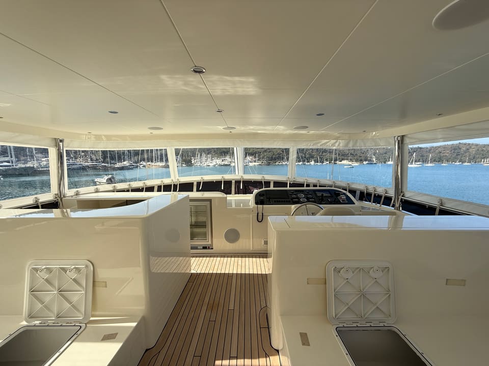 2023 Custom Laminated Motorsailer 41M – covered flybridge with helm station, teak deck, wet bar counters and panoramic windows